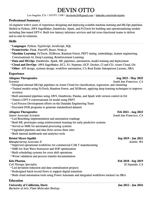 Preview of Devin Otto's resume